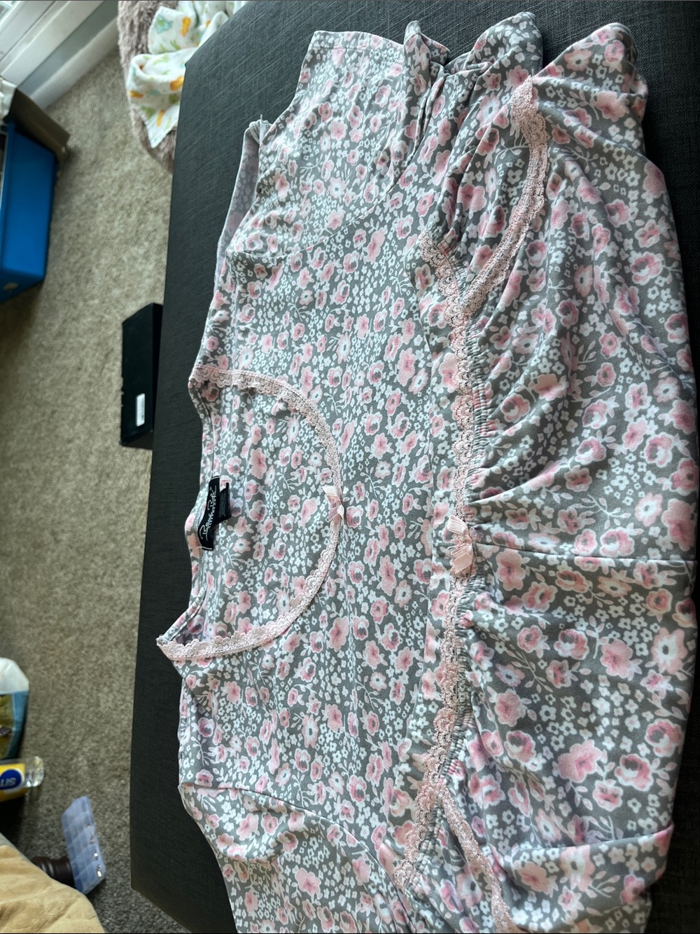 Rene Rofe Pink and Gray Floral Lace-Trim Sleep Shorty PJs knit